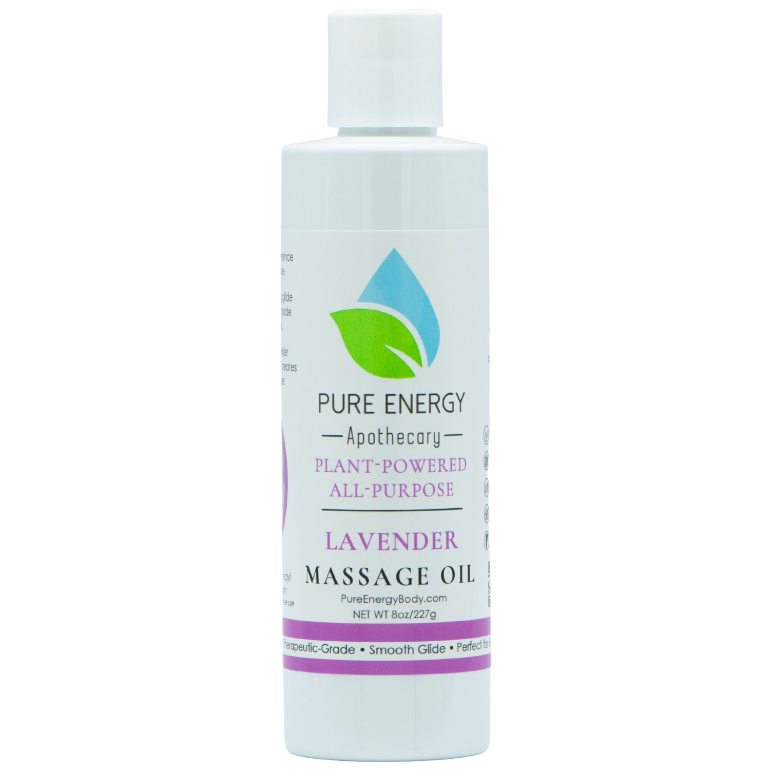 A bottle of Lavender Massage Oil with a calming lavender field background, showcasing its natural and therapeutic qualities.