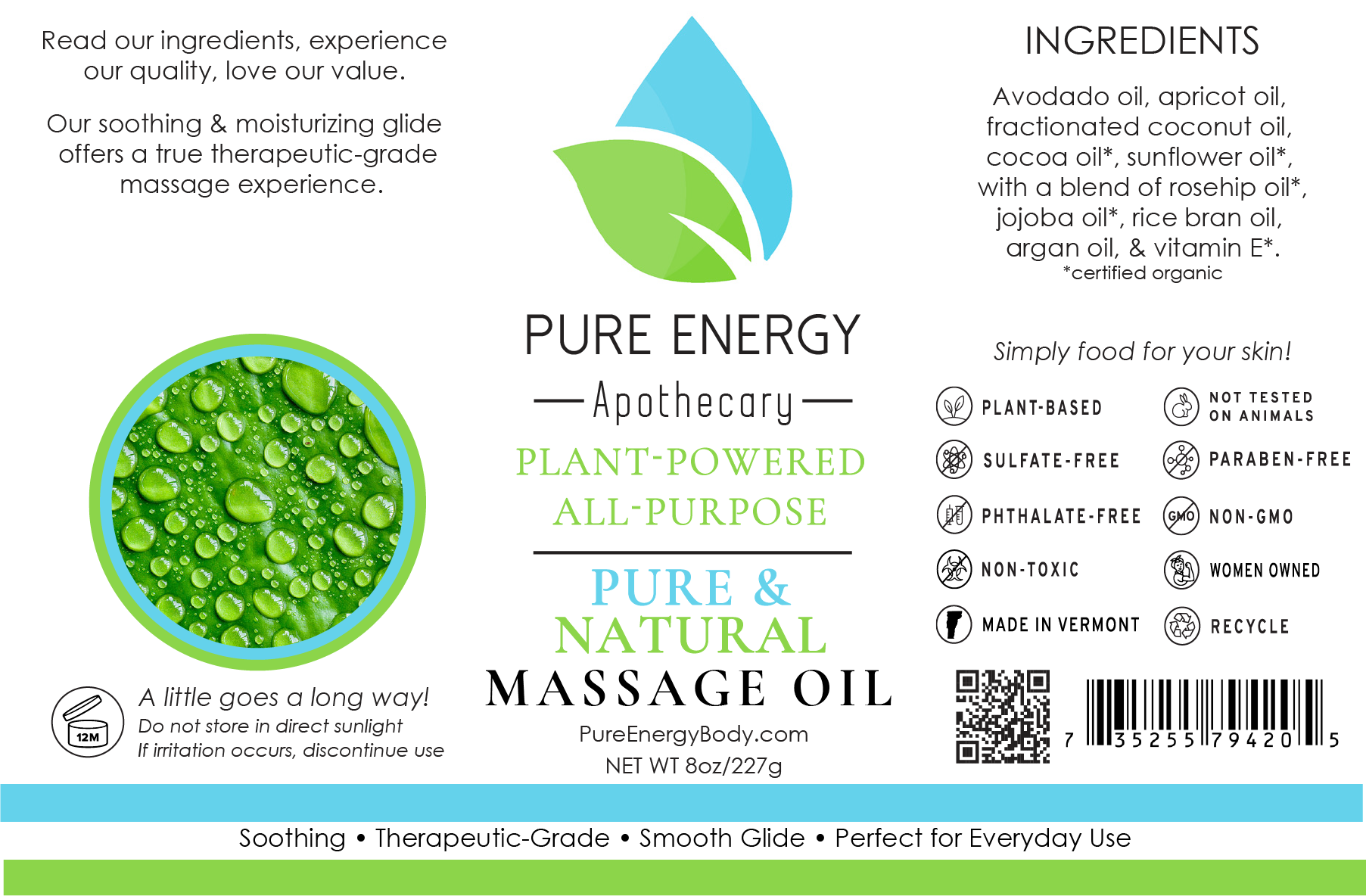 Bottle of Pure & Natural Unscented Massage Oil with a sleek design, showcasing its all-natural ingredients and therapeutic properties.