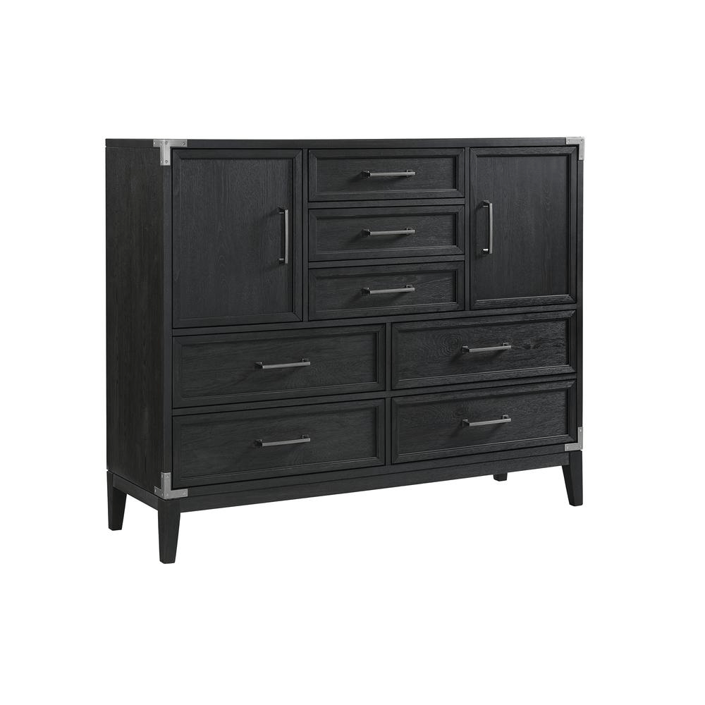 Master Chest with 7 drawers in weathered steel finish, showcasing oak veneer and hardwood construction.