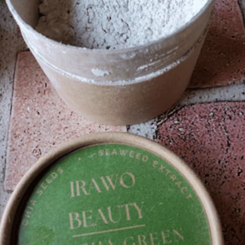 Irawo Beauty Matcha Green Tea Mask in a jar, showcasing its vibrant green color and natural ingredients.