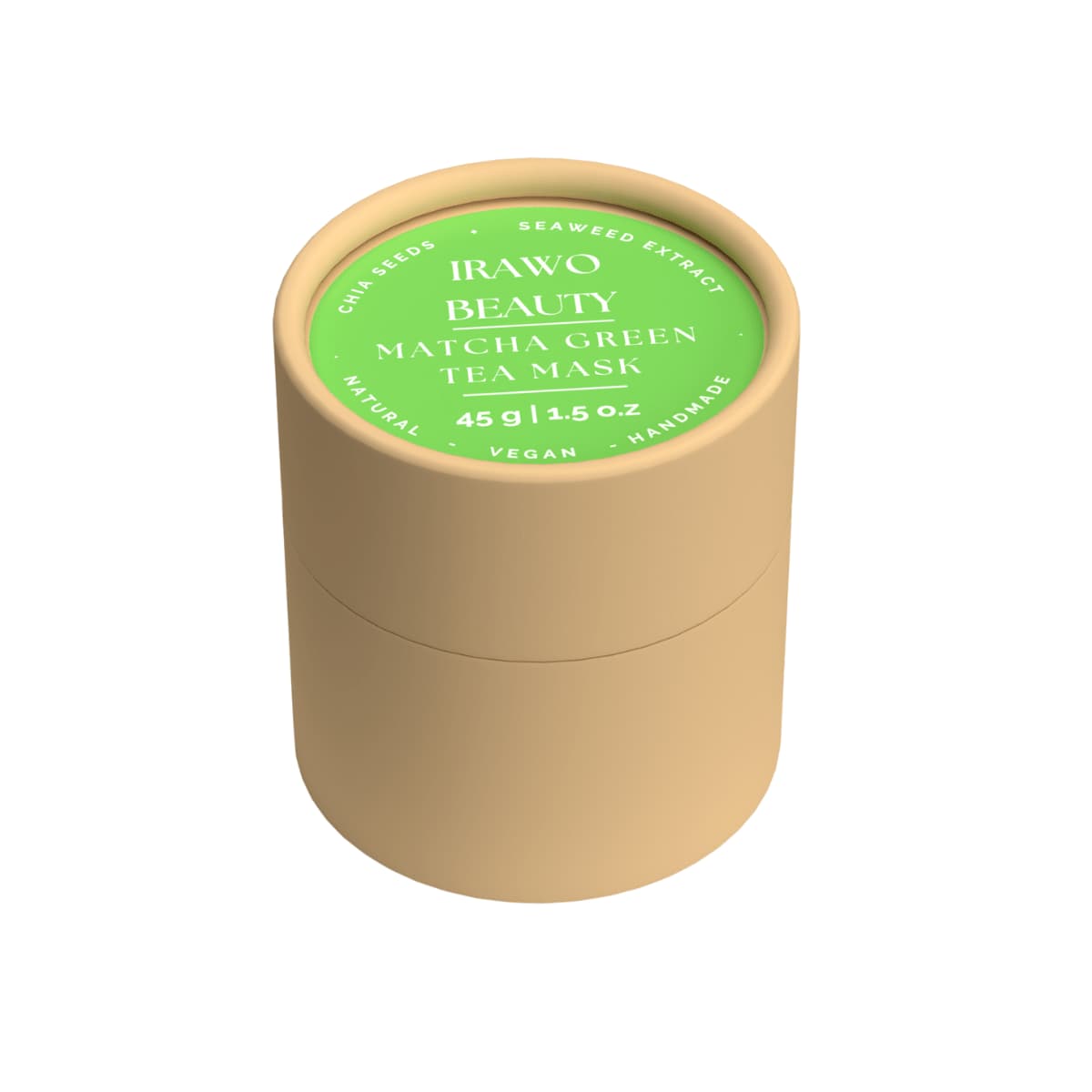 Irawo Beauty Matcha Green Tea Mask in a jar, showcasing its vibrant green color and natural ingredients.