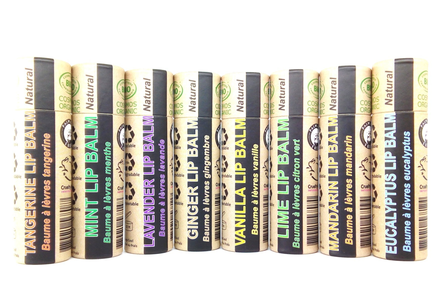 A collection of 30 x 15ml Organic Eucalyptus Lip Balms in eco-friendly packaging, showcasing their natural ingredients and refreshing scent.