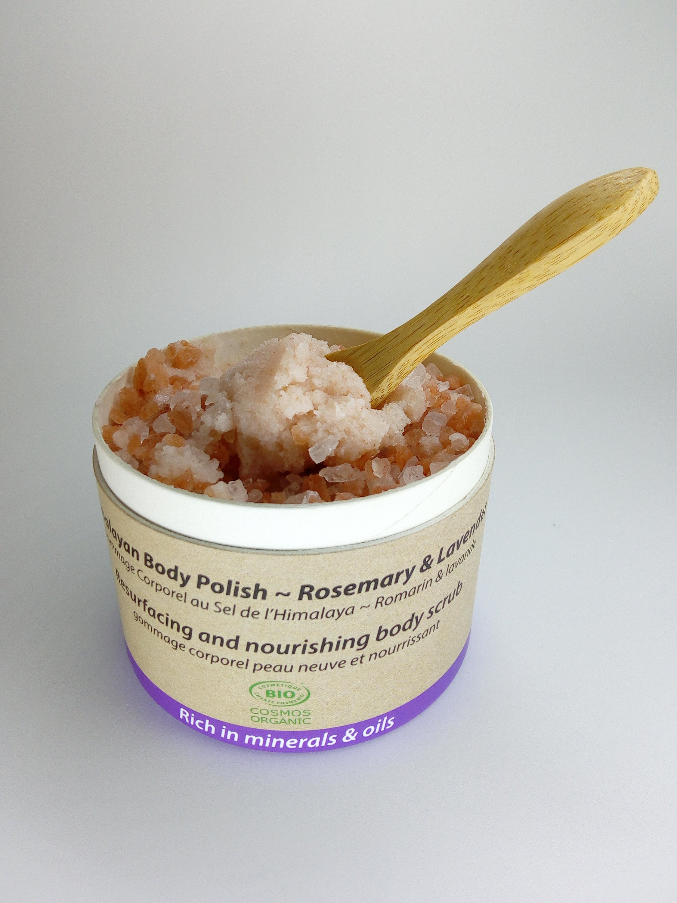 A collection of six 200ml jars of Organic Certified Body Polish Exfoliant in Lavender and Rosemary scent, showcasing natural ingredients.