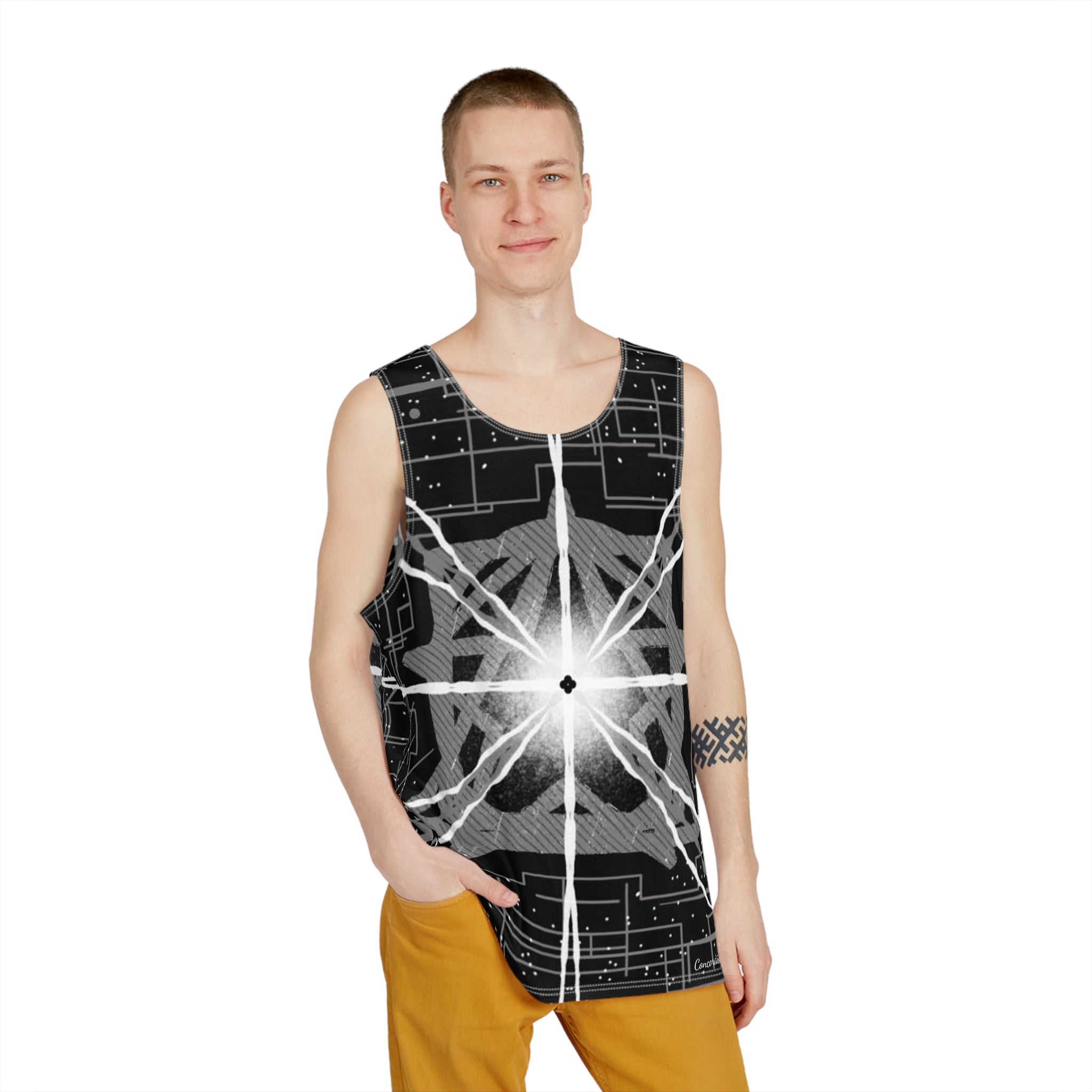 Men's All Over Print Tank featuring vibrant custom designs, made from soft polyester for comfort and style.
