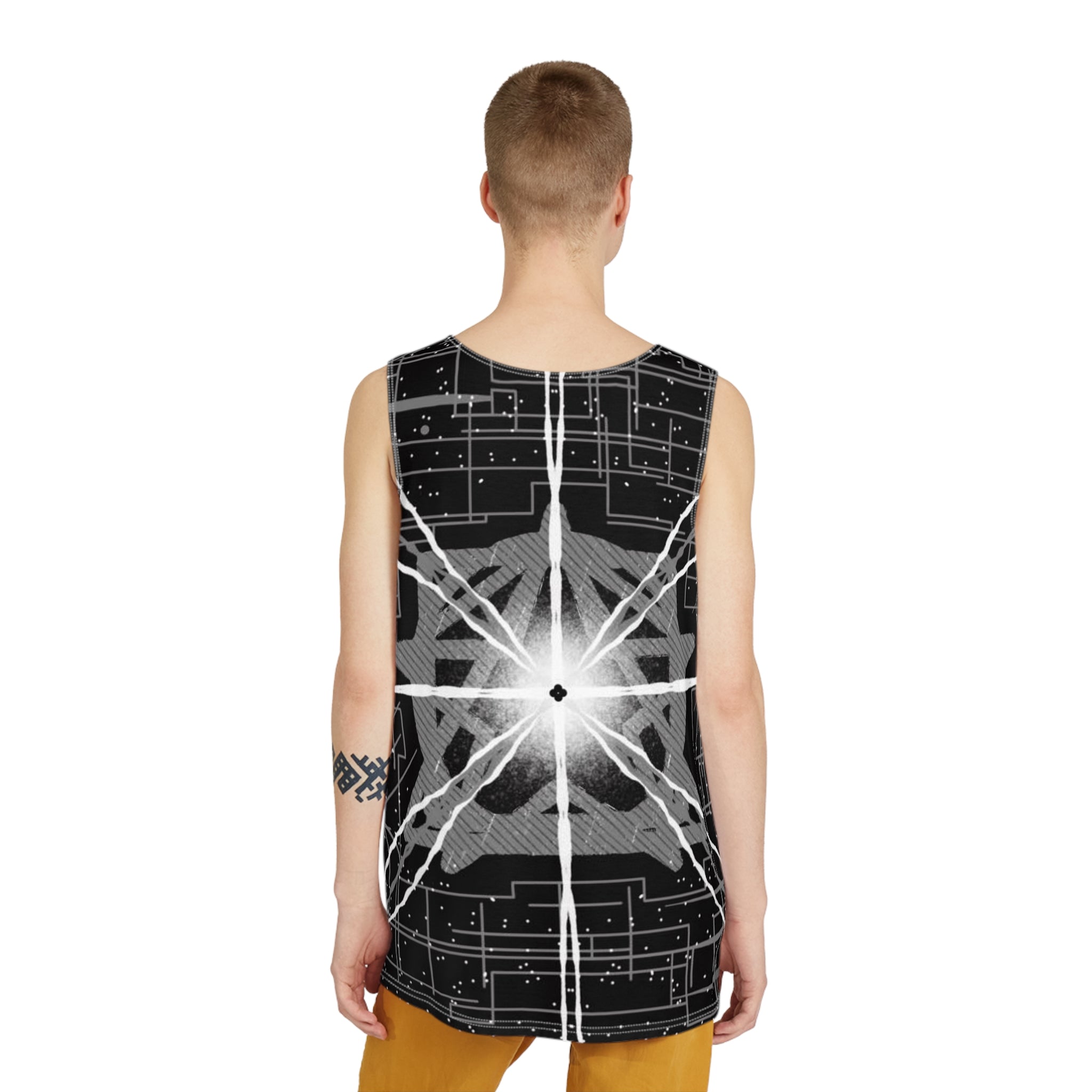 Men's All Over Print Tank featuring vibrant custom designs, made from soft polyester for comfort and style.