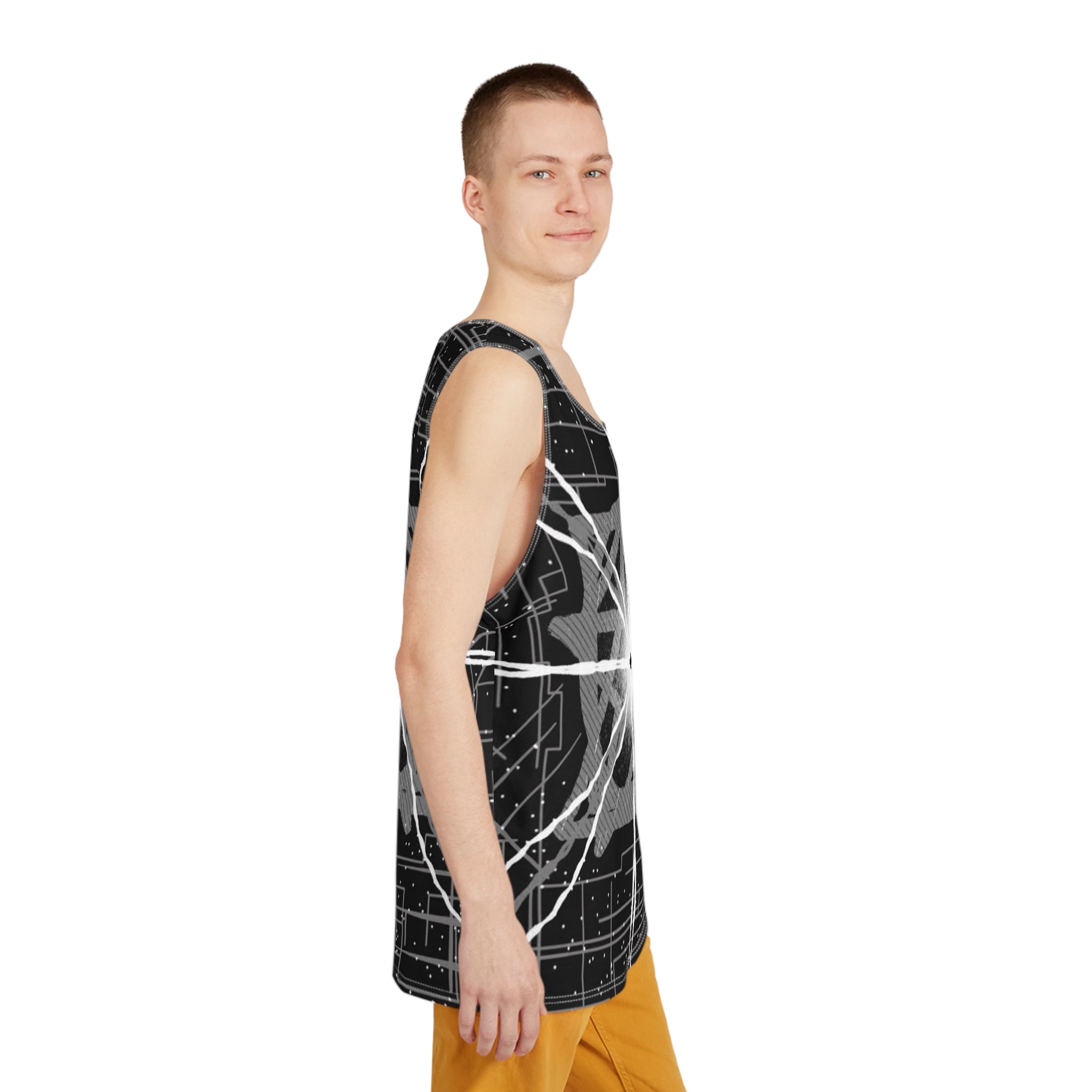 Men's All Over Print Tank featuring vibrant custom designs, made from soft polyester for comfort and style.