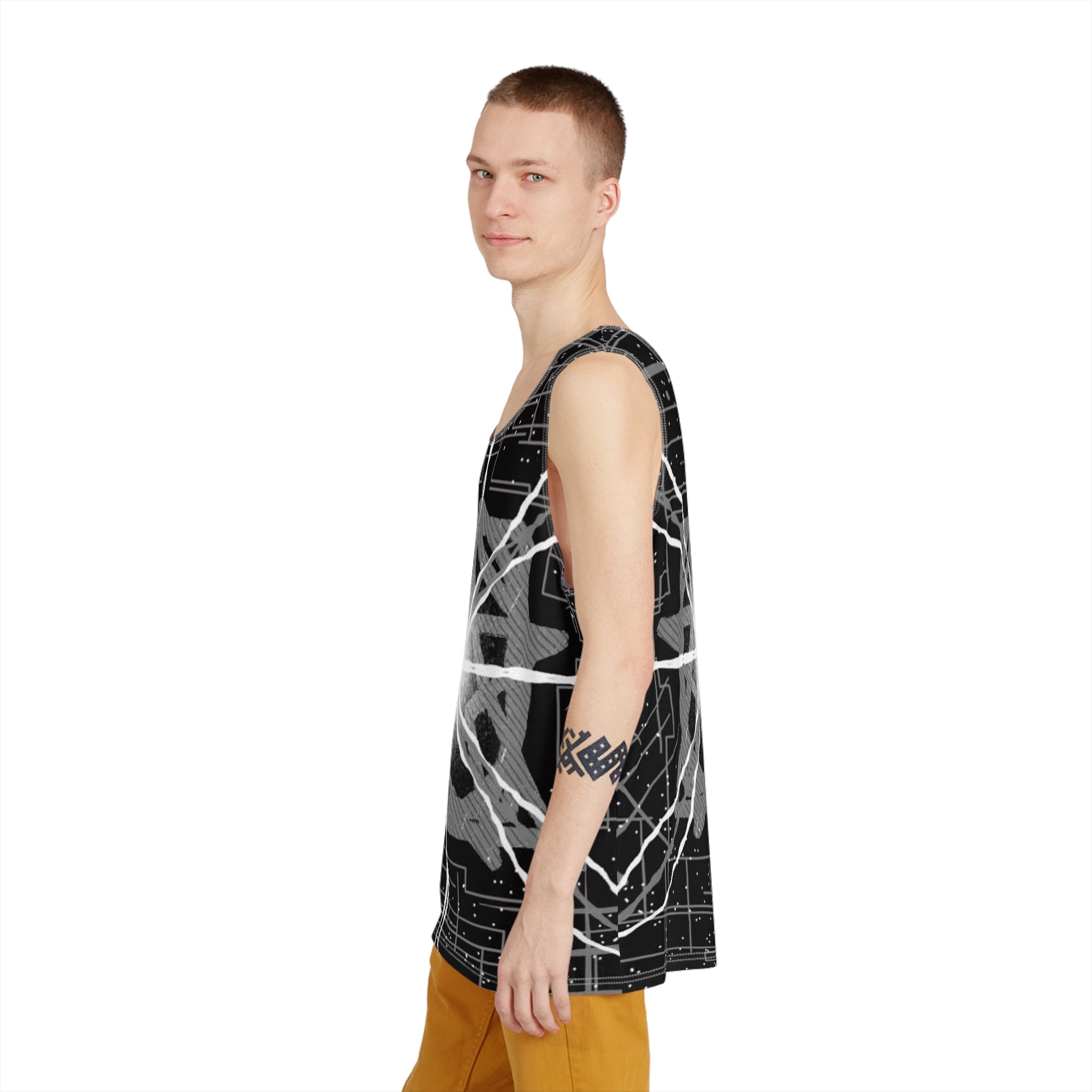 Men's All Over Print Tank featuring vibrant custom designs, made from soft polyester for comfort and style.