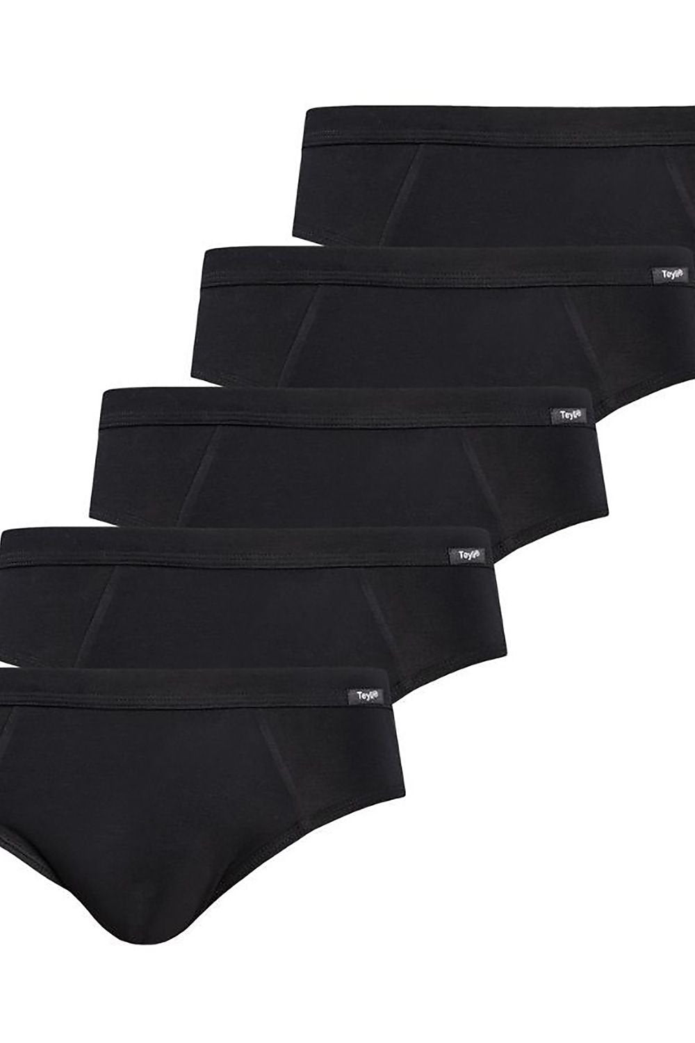 A pack of Teyli men's briefs in five colors: black, white, navy blue, gray, and red, showcasing their soft cotton and Lycra blend.