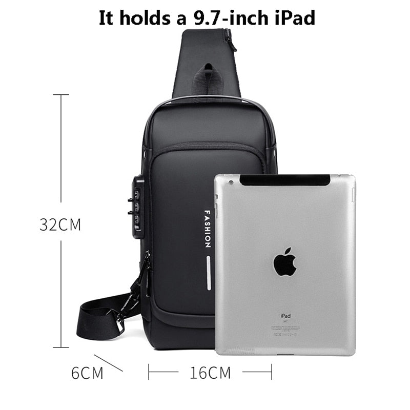 Men's USB Shoulder Bag featuring a sleek design, USB charging port, and anti-theft system, available in multiple colors.