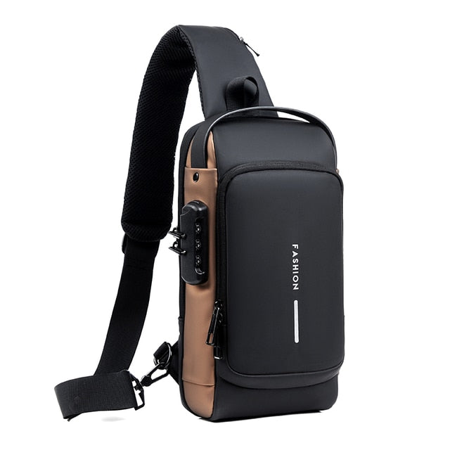 Men's USB Shoulder Bag featuring a sleek design, USB charging port, and anti-theft system, available in multiple colors.