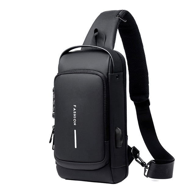 Men's USB Shoulder Bag featuring a sleek design, USB charging port, and anti-theft system, available in multiple colors.