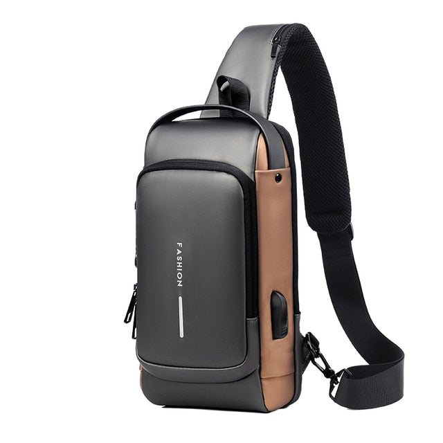 Men's USB Shoulder Bag featuring a sleek design, USB charging port, and anti-theft system, available in multiple colors.