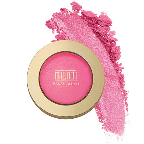 Milani Baked Blush in Dolce Pink, showcasing its vibrant color and shimmery finish in a compact.