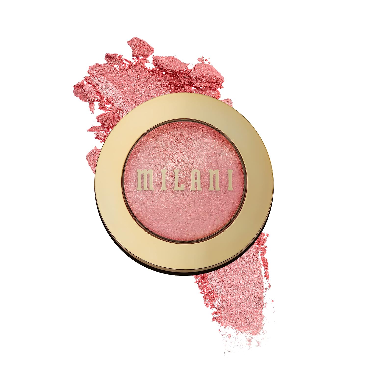 Milani Baked Blush in Dolce Pink, showcasing its vibrant color and shimmery finish in a compact.