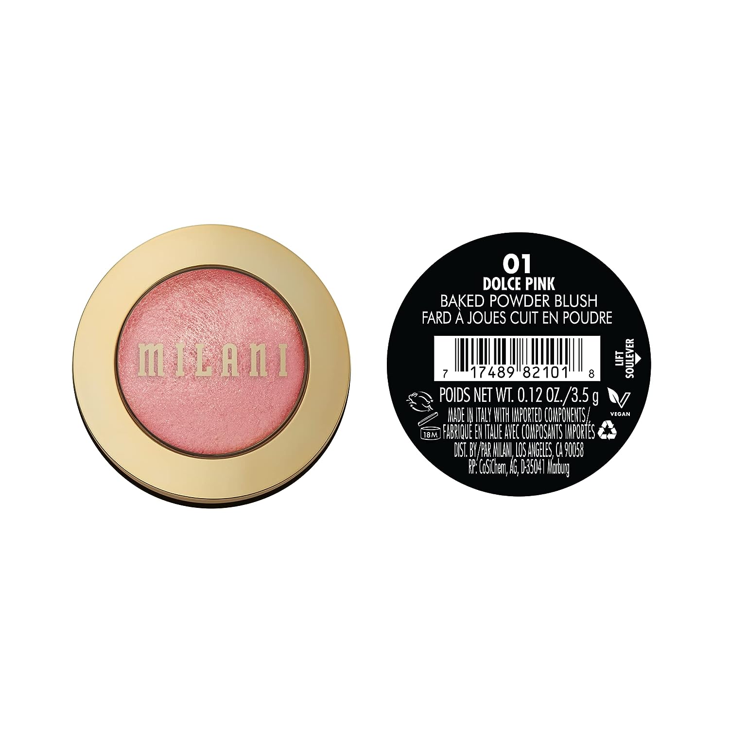 Milani Baked Blush in Dolce Pink, showcasing its vibrant color and shimmery finish in a compact.