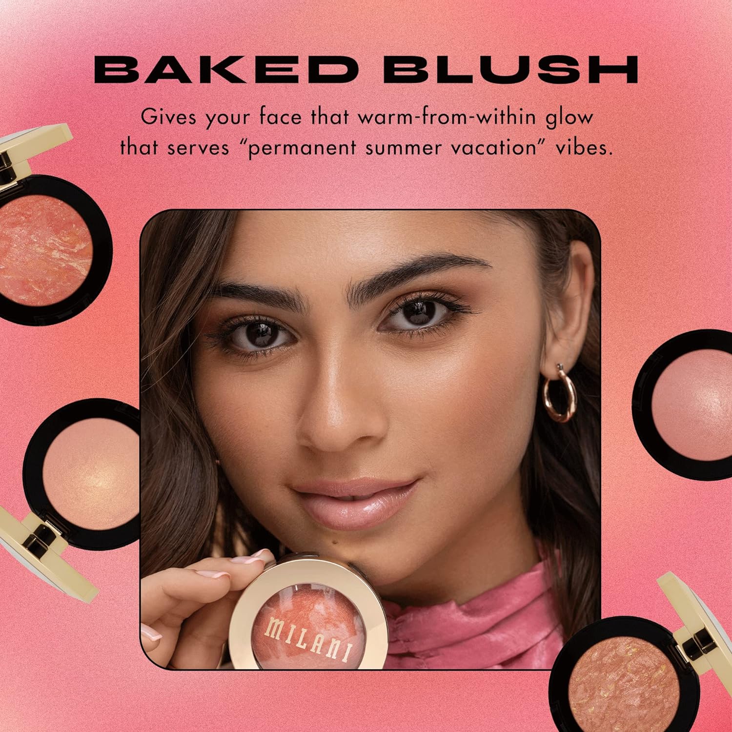 Milani Baked Blush in Dolce Pink, showcasing its vibrant color and shimmery finish in a compact.