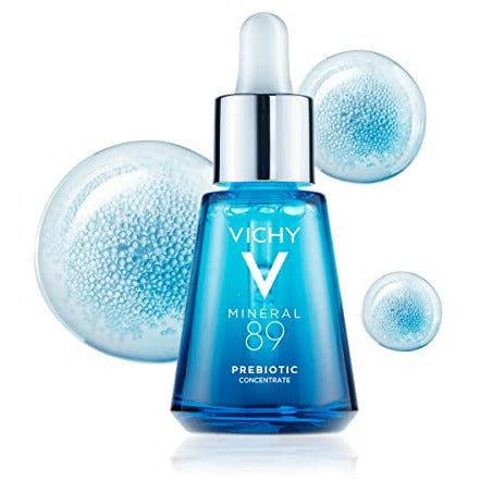 Vichy Mineral 89 Probiotic Fractions Recovery & Defense Concentrate bottle with a sleek design, showcasing its hydrating formula.