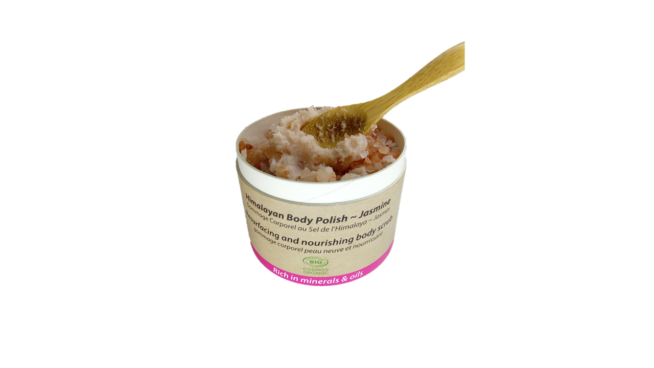 Two jars of 200ml Organic Certified Body Polish Exfoliants in Jasmine and Lavender & Rosemary scents, showcasing eco-friendly packaging.