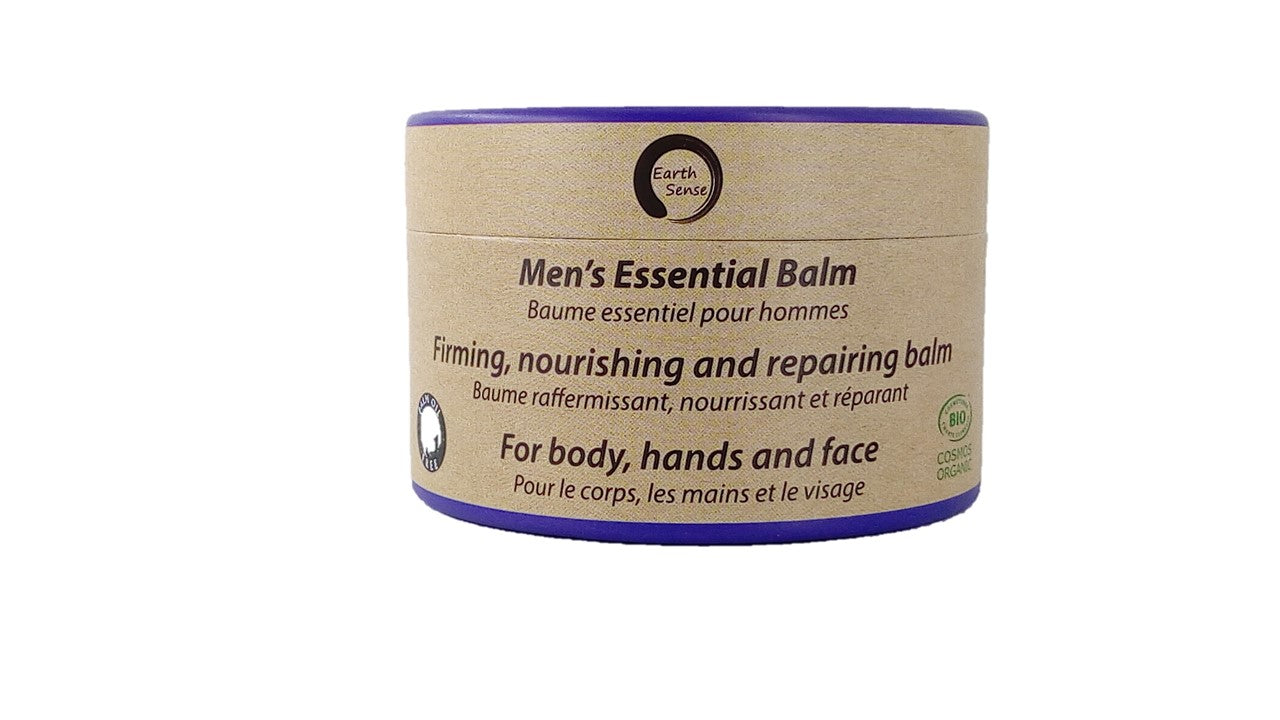 Three jars of 100ml Organic Men's Essential Balm with Sandalwood, showcasing eco-friendly packaging and natural ingredients.