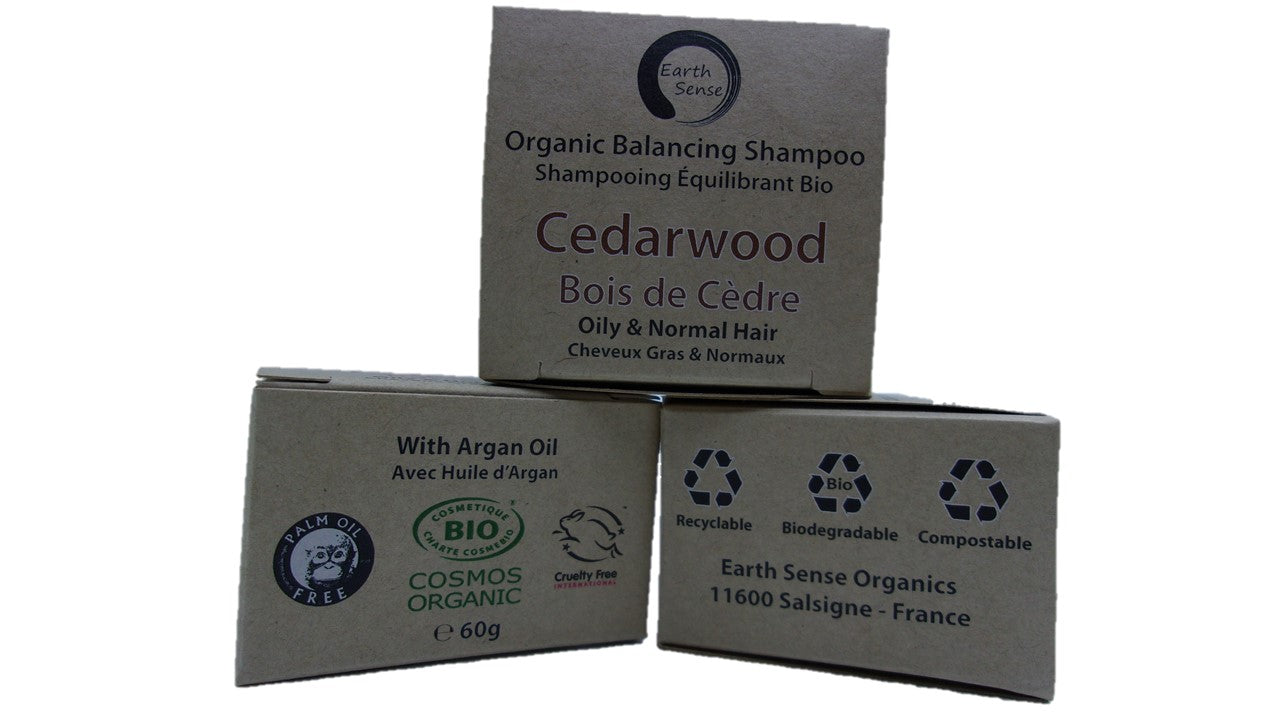 MINI BUNDLE of 4 x 60g Organic Certified Solid Shampoo bars in Cedarwood scent, showcasing eco-friendly packaging and natural ingredients.