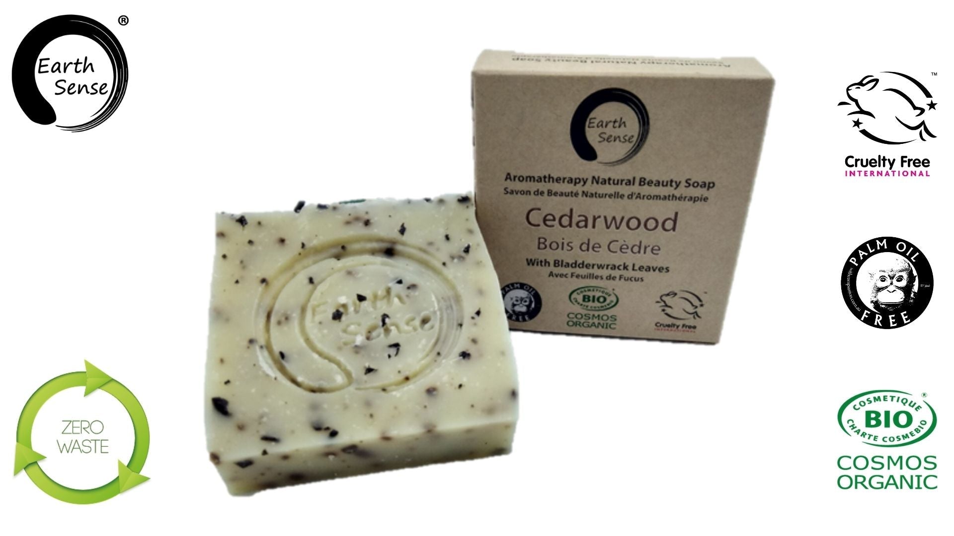 MINI BUNDLE of 4 Organic Certified Solid Soaps with Cedarwood and Bladderwrack, showcasing eco-friendly packaging and natural ingredients.