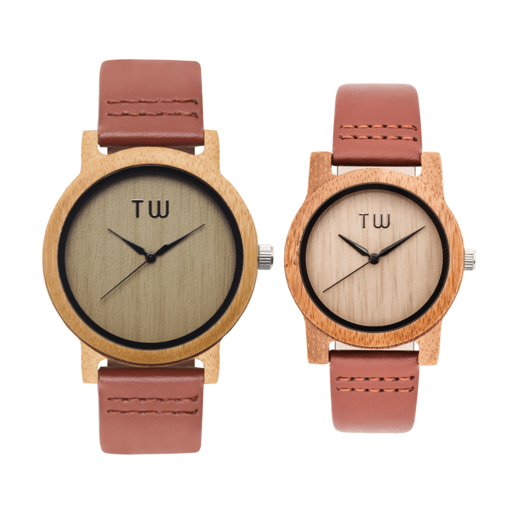 TruWood Minimal Him+Her Bundle featuring bamboo watches with brown leather straps, showcasing modern minimalism and elegance.