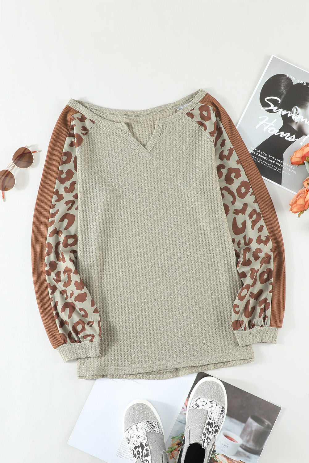 Mocha Leopard Print Waffle Knit Long Sleeve Top featuring a split neck and full-length sleeves with a stylish leopard print design.