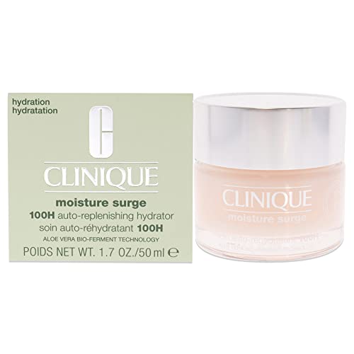 Clinique Moisture Surge 100H Auto-Replenishing Hydrator in a sleek jar, showcasing its gel-cream texture and hydrating properties.
