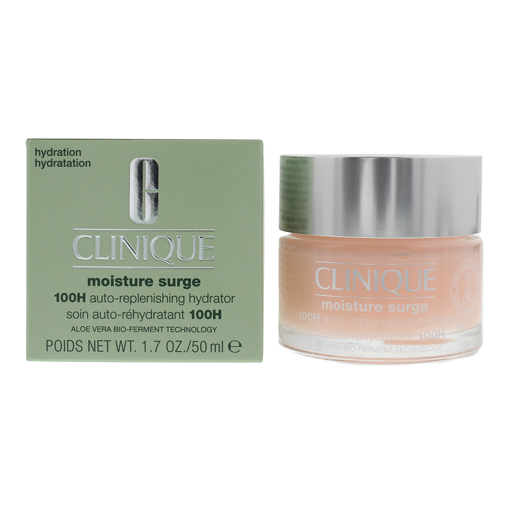 Clinique Moisture Surge 100H Auto-Replenishing Hydrator in a sleek jar, showcasing its gel-cream texture and hydrating properties.