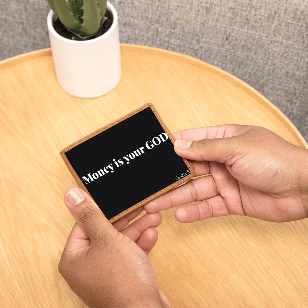 Money Is Your God Graphic Leather Wallet made of genuine full grain cowhide, featuring a vibrant printed design.