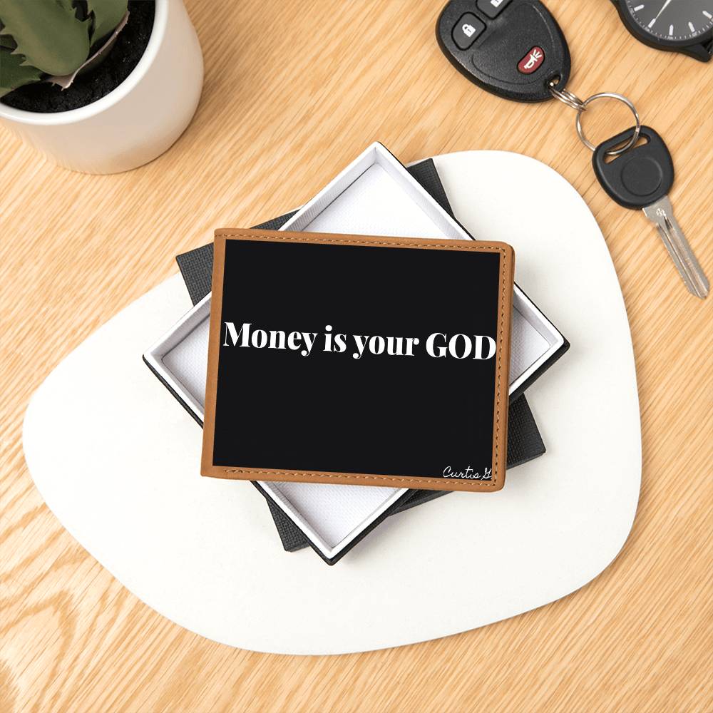Money Is Your God Graphic Leather Wallet made of genuine full grain cowhide, featuring a vibrant printed design.