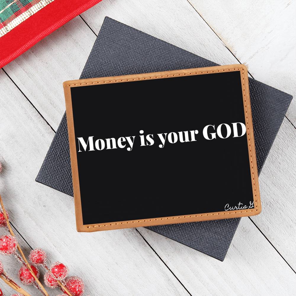 Money Is Your God Graphic Leather Wallet made of genuine full grain cowhide, featuring a vibrant printed design.