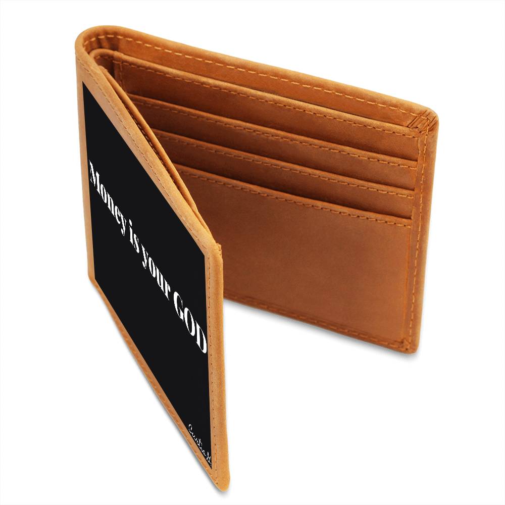 Money Is Your God Graphic Leather Wallet made of genuine full grain cowhide, featuring a vibrant printed design.
