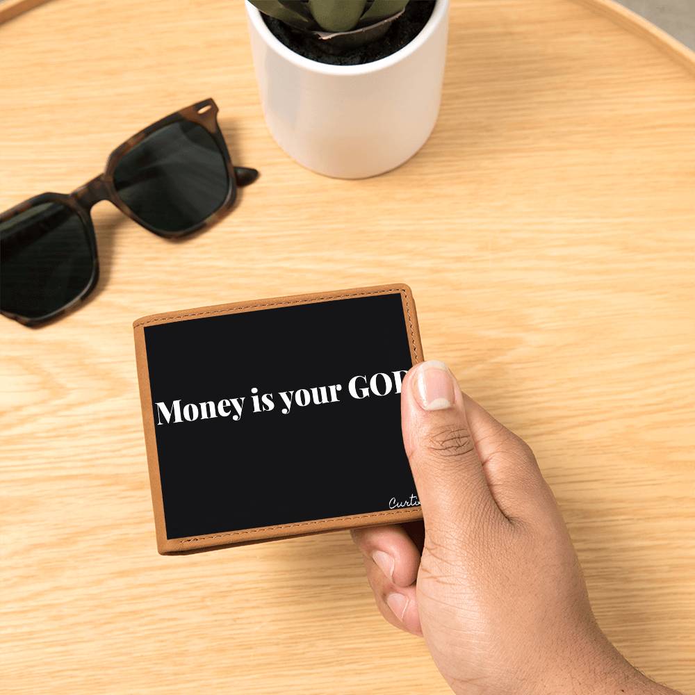 Money Is Your God Graphic Leather Wallet made of genuine full grain cowhide, featuring a vibrant printed design.