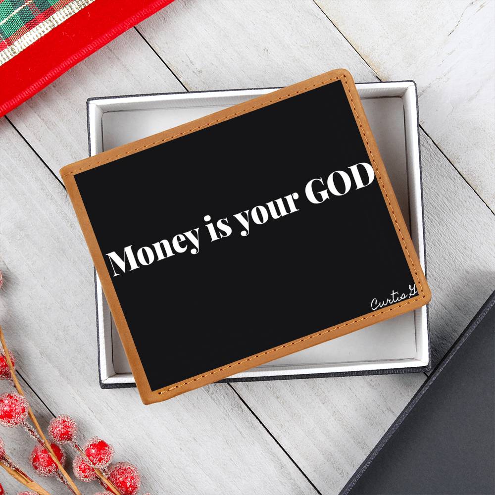 Money Is Your God Graphic Leather Wallet made of genuine full grain cowhide, featuring a vibrant printed design.