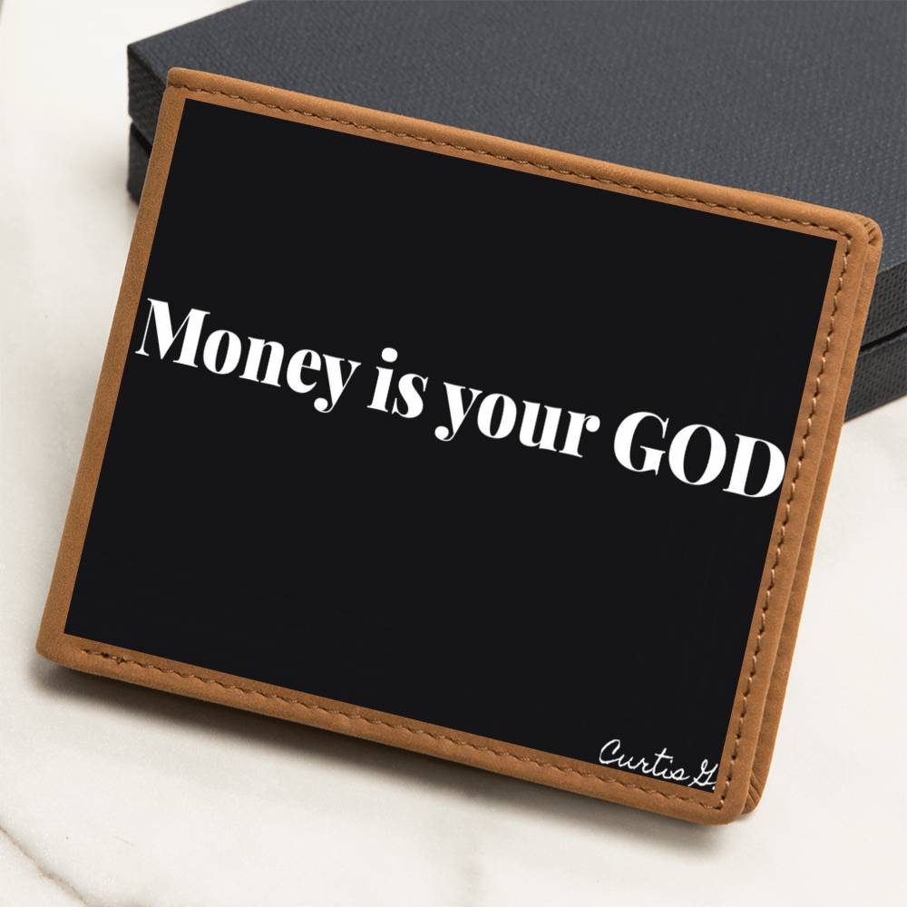 Money Is Your God Graphic Leather Wallet made of genuine full grain cowhide, featuring a vibrant printed design.
