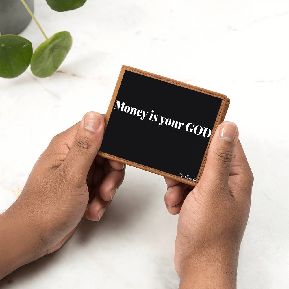 Money Is Your God Graphic Leather Wallet made of genuine full grain cowhide, featuring a vibrant printed design.