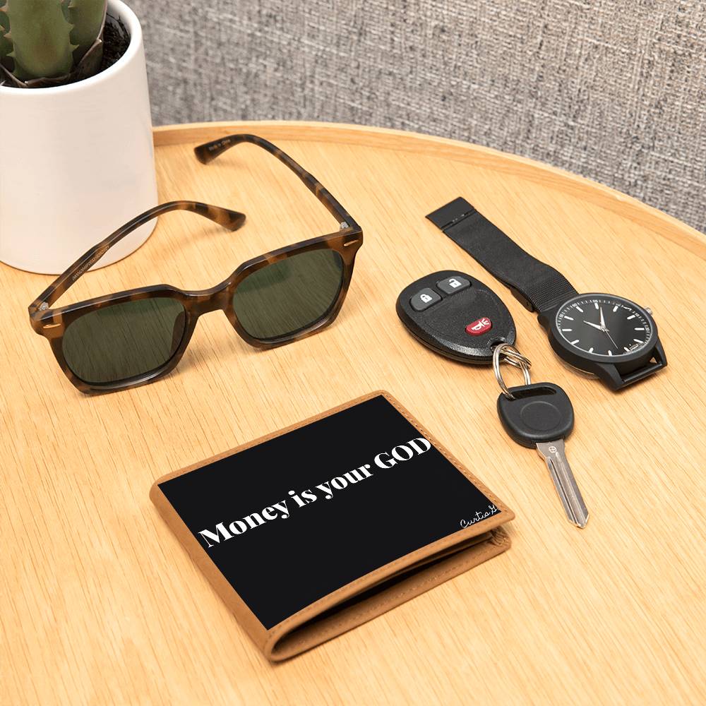 Money Is Your God Graphic Leather Wallet made of genuine full grain cowhide, featuring a vibrant printed design.