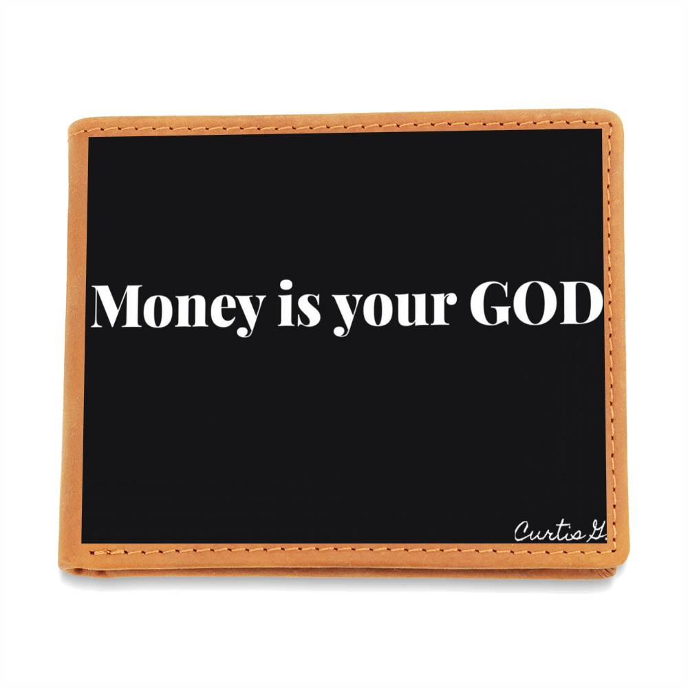 Money Is Your God Graphic Leather Wallet made of genuine full grain cowhide, featuring a vibrant printed design.