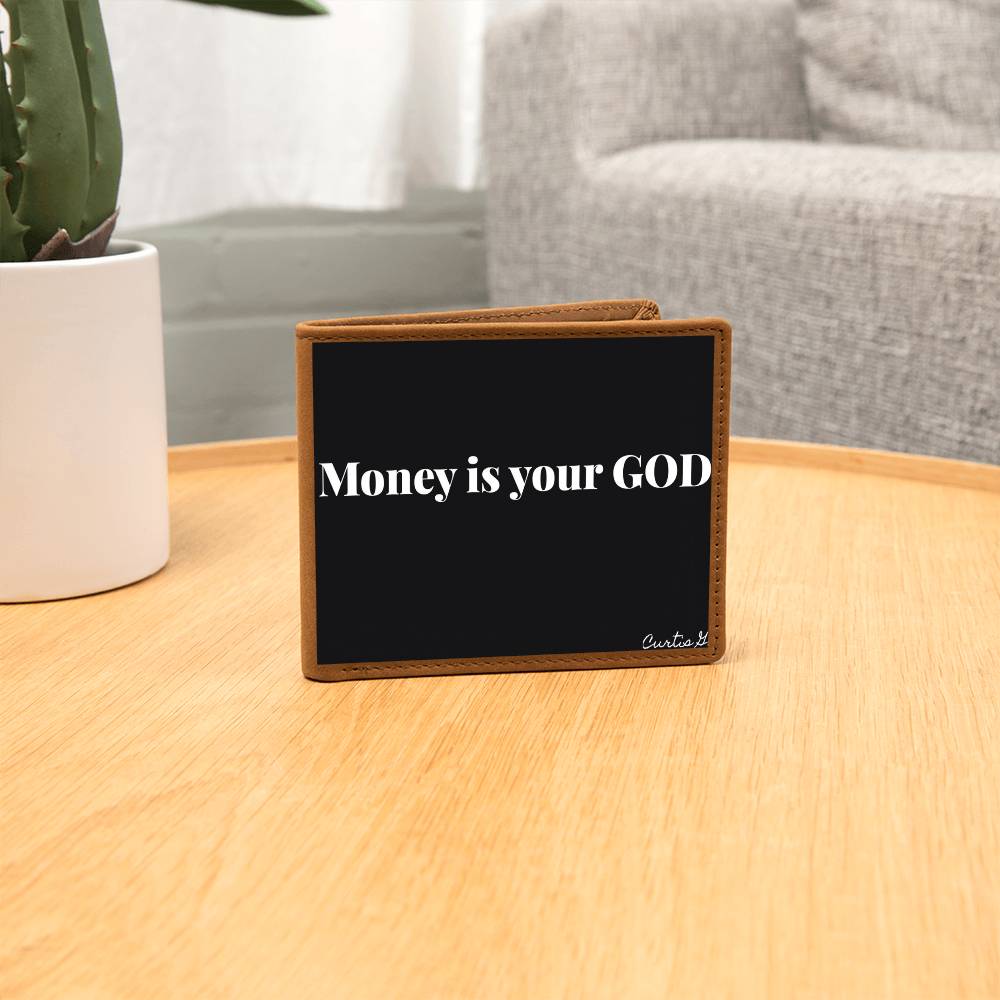 Money Is Your God Graphic Leather Wallet made of genuine full grain cowhide, featuring a vibrant printed design.