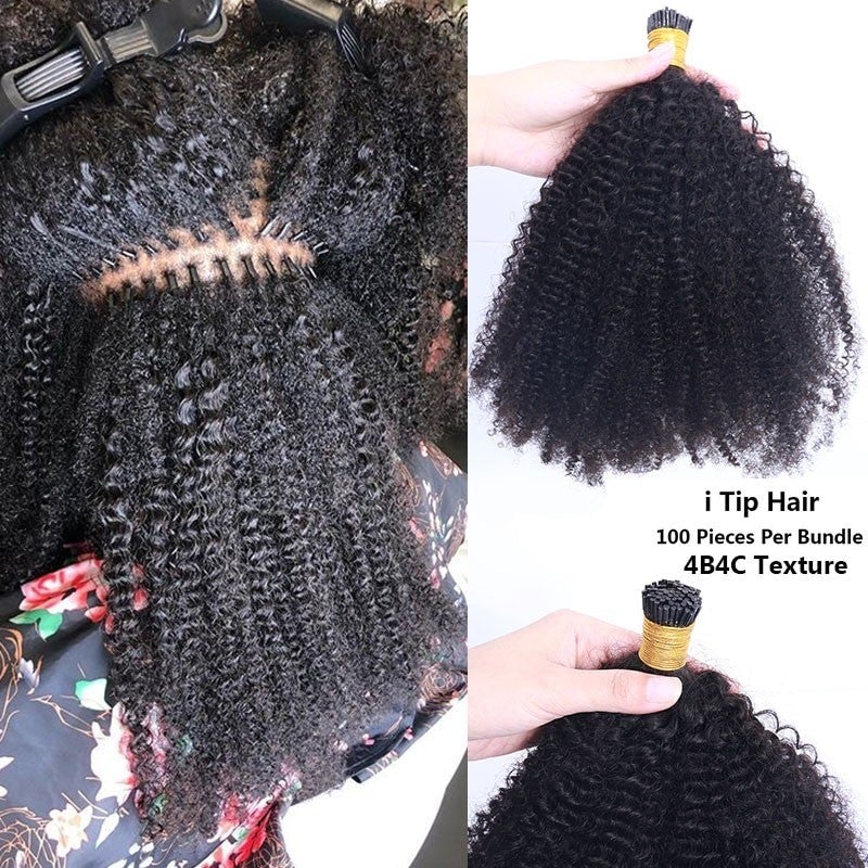 Mongalian Afro Kinky Curly i Tip Microlinks Braiding Human Hair Extensions displayed in natural black color, showcasing its beautiful texture and length.