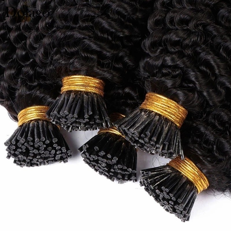 Mongalian Afro Kinky Curly i Tip Microlinks Braiding Human Hair Extensions displayed in natural black color, showcasing its beautiful texture and length.