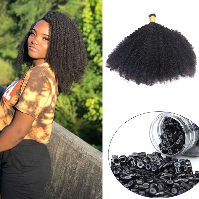 Mongalian Afro Kinky Curly i Tip Microlinks Braiding Human Hair Extensions displayed in natural black color, showcasing its beautiful texture and length.