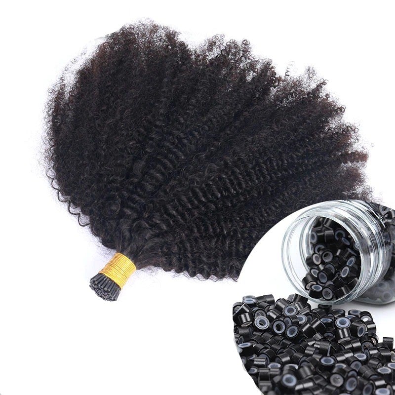 Mongalian Afro Kinky Curly i Tip Microlinks Braiding Human Hair Extensions displayed in natural black color, showcasing its beautiful texture and length.