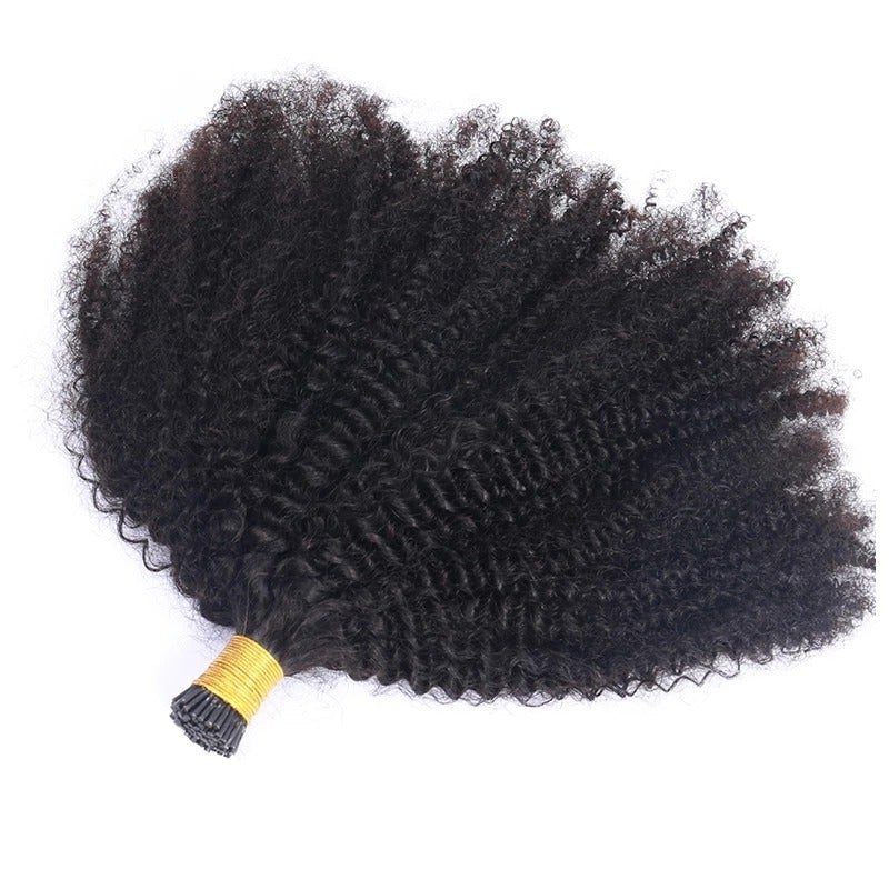 Mongalian Afro Kinky Curly i Tip Microlinks Braiding Human Hair Extensions displayed in natural black color, showcasing its beautiful texture and length.