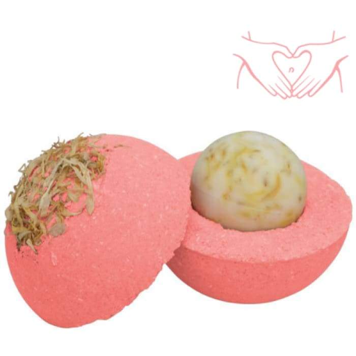 Monthly Comfort Bomb Core bath product with goat milk soap ball and essential oils for soothing relaxation.