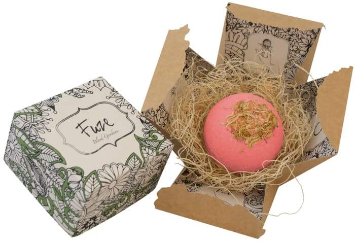 Monthly Comfort Bomb Core bath product with goat milk soap ball and essential oils for soothing relaxation.