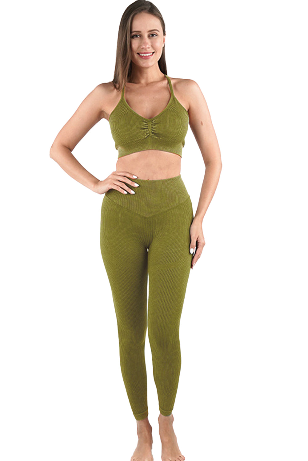 Moss Green Seamless Ribbed Spaghetti Straps Bra Leggings Sports Set showcasing a stylish and comfortable design, perfect for workouts.