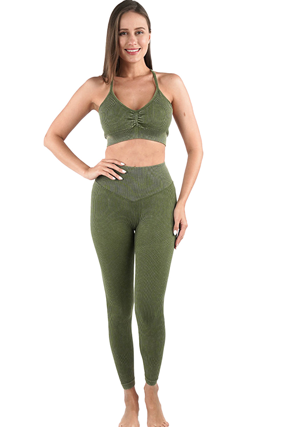Moss Green Seamless Ribbed Spaghetti Straps Bra Leggings Sports Set showcasing a stylish and comfortable design, perfect for workouts.