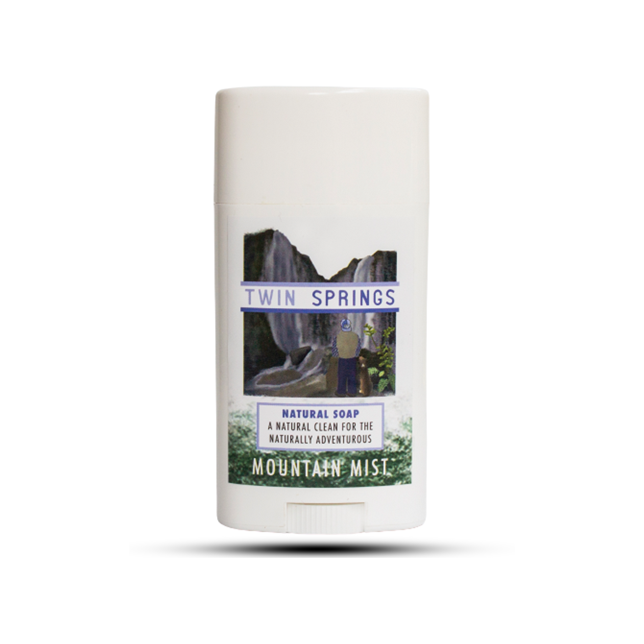 Twin Springs Mountain Mist Soap Stick in a travel container, showcasing its natural ingredients and compact design for outdoor use.
